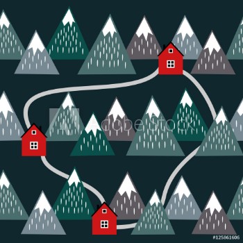 Picture of Cute Icelandic landscape with houses and mountains Seamless pattern with geometric snowy mountains and homes Colorful Iceland nature illustration Vector mountains background